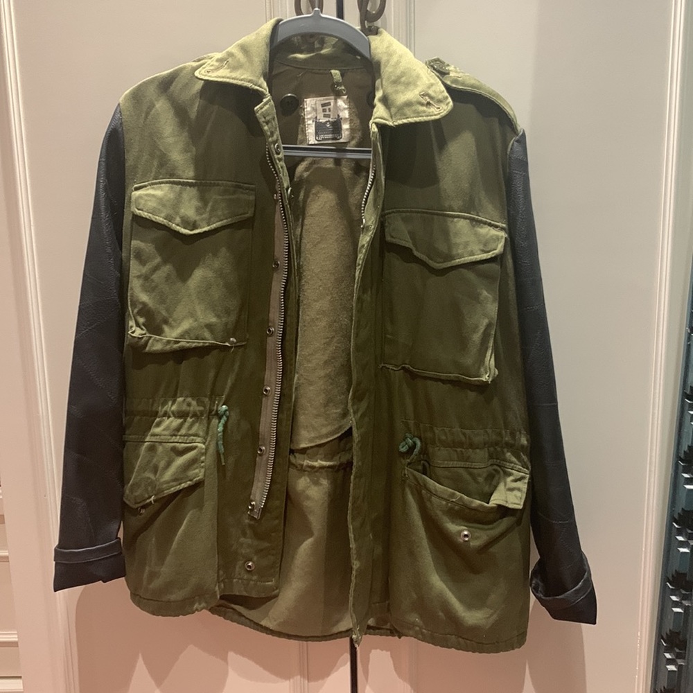 Army green jacket with leather sleeves